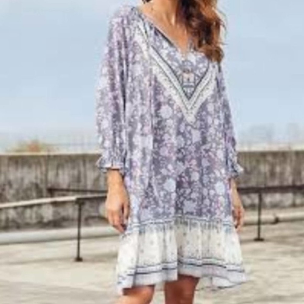 NEW WITH TAGS Luukse Gray Blue Floral Tie-Neck Tunic Dress - Picture 2 of 5